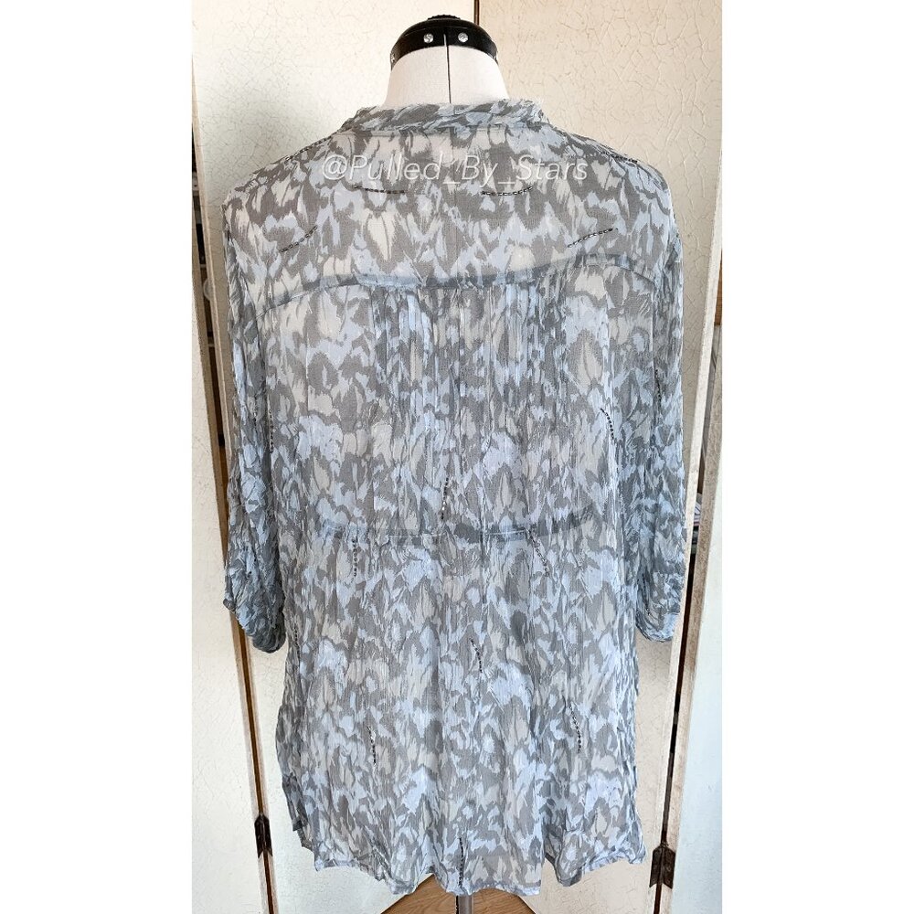 CHAN LUU Blue & Gray Sheer Viscose Blouse with Beaded Embellishments | Size M - Picture 10 of 14